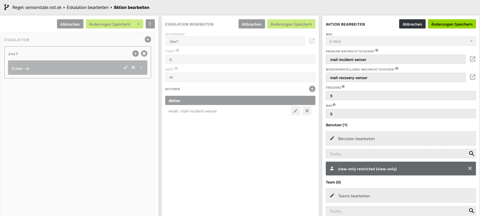 Eskalation und Aktion der Regel für Sensoren