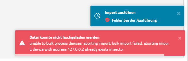 Fehlgeschlagener Import mit Fehlermeldung